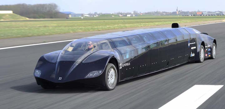 epa02669700 A 'Superbus', developed by former Dutch astronaut Wubbo Ockels and his team, speeds along a landing strip while being tested at the airport Valkenburg in Katwijk, The Netherlands, on 04 April 2011. Ockels and other scientists have worked for years on the development of the fully electric powered bus. The bus has a low aerodynamic resistance and is said to reach a speed of up to 250 kilometers per hour (km/h) with up to 23 people on board. EPA/LEX VAN LIESHOUT